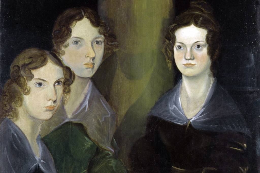 As três irmãs Brontë, retratadas por Patrick Brontë. Da esq. para dir.: Anne, Emily e Charlotte