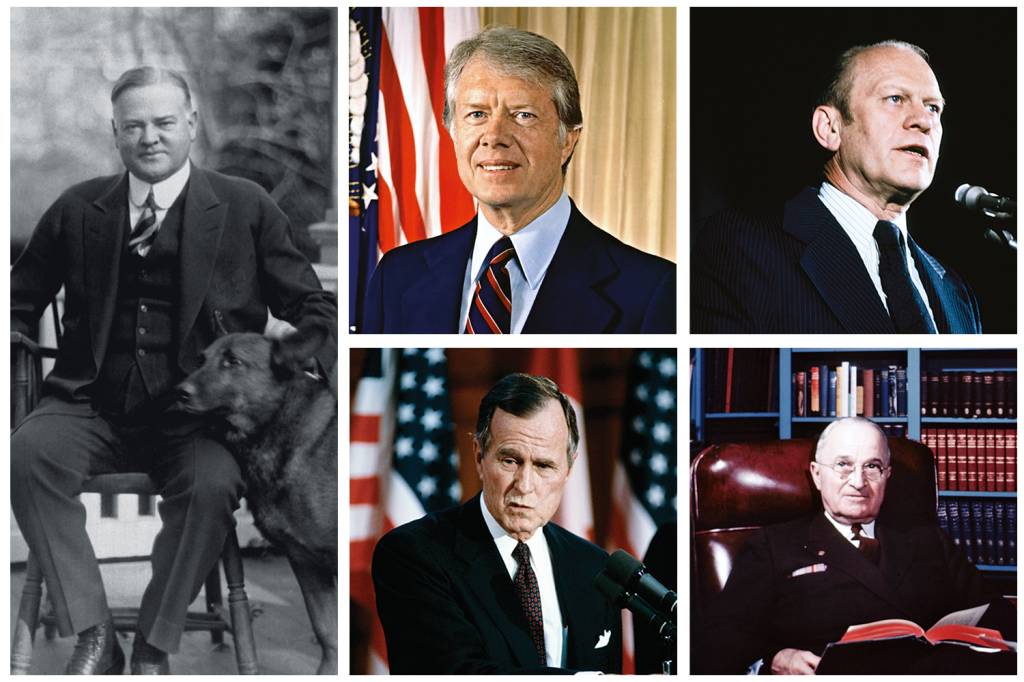 presidentes AGORA SÃO SEIS - Nos últimos 100 anos, só cinco presidentes não tinham conseguido se reeleger: em sentido horário, Hoover, Carter, Ford, Truman e George Bush pai. Muito contra a vontade, Donald Trump, o todo-poderoso, entrou para o seletíssimo clube dos derrotados -
