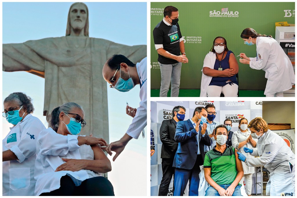 INÍCIO - O programa começou com a enfermeira Mônica (acima), ao lado de Doria, e se espalhou por cidades como Rio (foto maior) e Florianópolis: só no Brasil a largada da vacinação representou uma derrota política para o presidente -