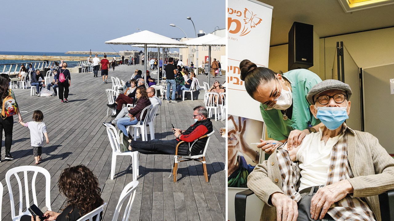 ALÍVIO - Vida nova: diante do ritmo intenso de vacinação e com 95% dos idosos já imunizados, as pessoas, ainda cautelosas, começam a sair em Tel-Aviv (à esq.) -