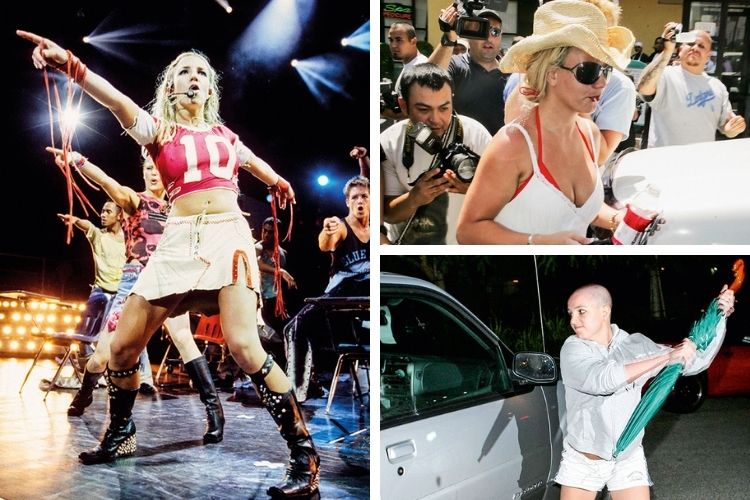 O PREÇO DO SUCESSO - As fases de Britney: à esq., nos tempos de glória como uma Lolita provocativa; acima, a perseguição incansável dos paparazzi; ao lado, a gota d’água, o ataque ao carro do fotógrafo que a perseguia após uma briga com o ex -