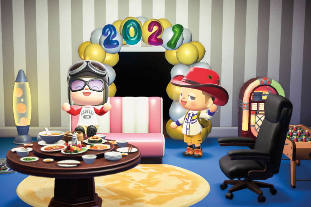 PARABÉNS - O avatar de Lima na festa de aniversário montada no Animal Crossing: decoração e petiscos virtuais -