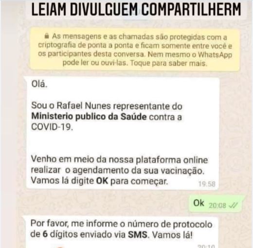 Tela de WhatsApp mostra tentativa de golpe usando a vacinação contra a Covid-19