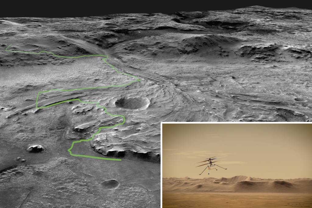 TRILHA E VOO - A possível trajetória do rover na cratera do lago (acima) e o primeiro helicóptero capaz de voar na fina atmosfera marciana (ao lado): criatividade humana em um mundo alienígena -