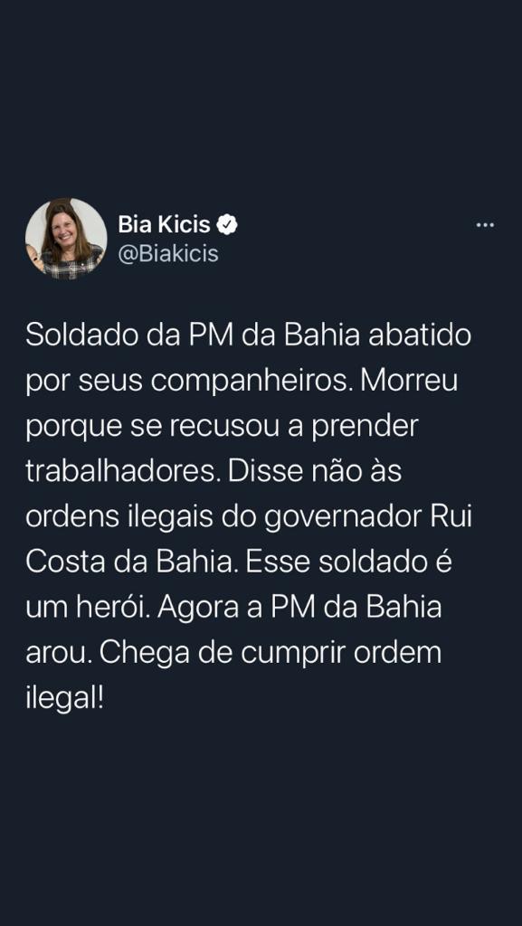 Tuíte da deputada federal Bia Kicis (PSL-DF) sobre a morte de PM na Bahia; depois, ela apagou