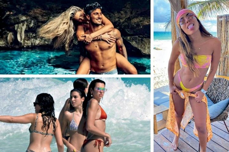 FÉRIAS - Anitta (à direita), Yasmin e Medina e Dua Lipa (de vermelho): a costa mexicana virou refúgio de famosos -