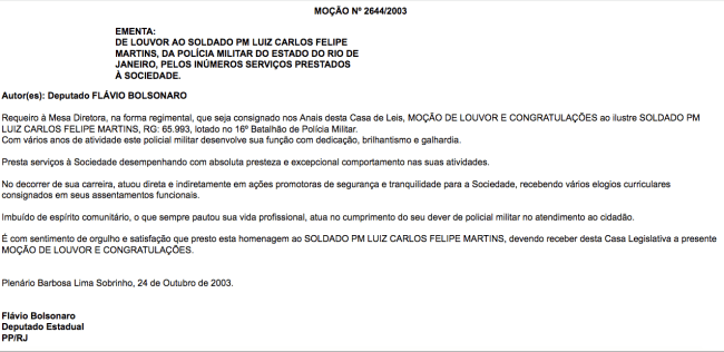 Fac-simile da moção que concedeu Medalha Tiradentes ao PM assassinado hoje