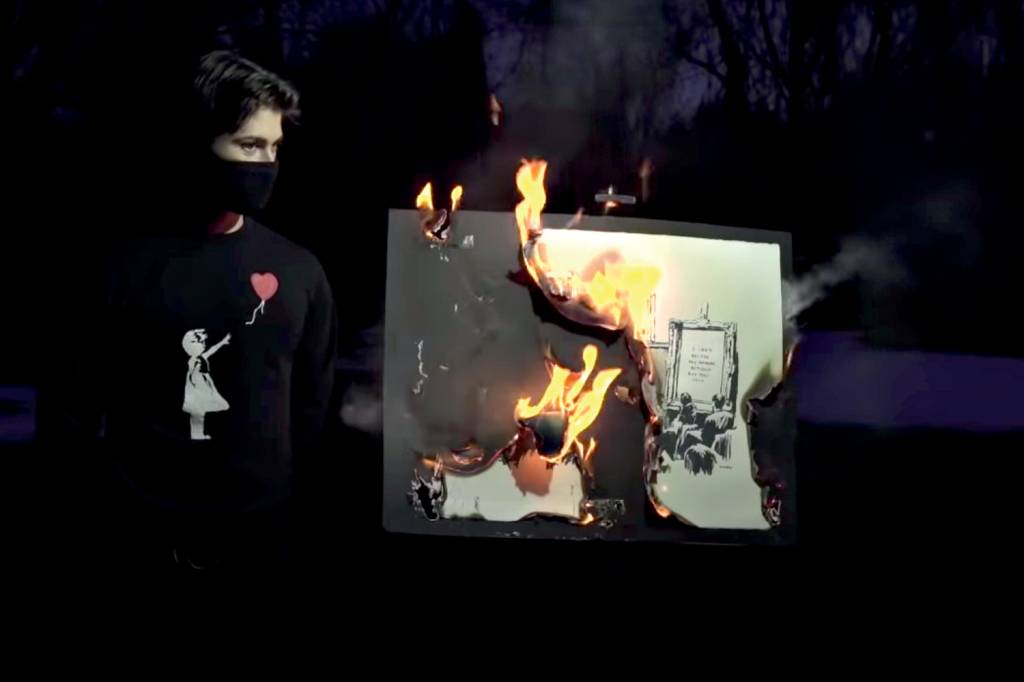 CONVERSÃO - Queima de um Banksy: obra física deu lugar a imagem digital -