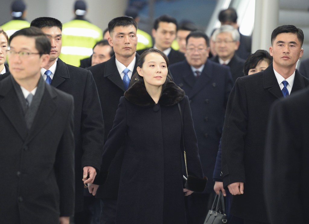 Kim Yo Jong (C), North Korean leader Kim Jong Un's younger sister, arrives at Incheon airport in South Korea on Feb. 9, 2018, to attend the opening ceremony of the Pyeongchang Olympics. (Kyodo)==Kyodo(Photo by Kyodo News Stills via Getty Images)