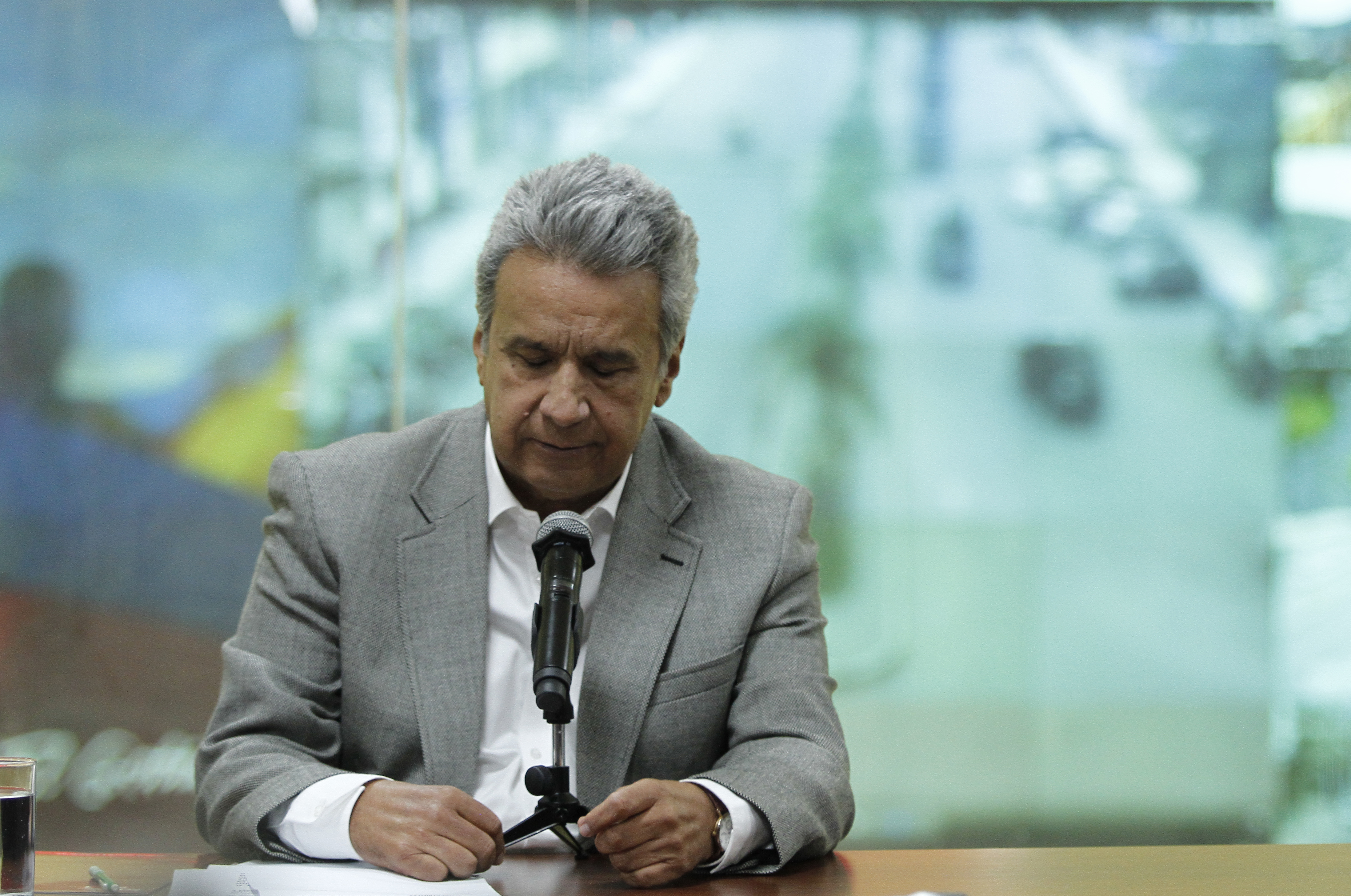 Ecuadorean President Lenin Moreno delivers a press conference at the ECU911 headquarters in Quito, to confirm the death of the journalist team kidnapped on March 26 by renegade Colombian rebels, on April 13, 2018. "Sadly, we have information confirming the murder of our fellow countrymen," Moreno told reporters in Quito, two hours after the expiry of a deadline he had given captors to prove the trio was still alive. (Franklin Jacome/ PressSouth/NurPhoto via Getty Images)