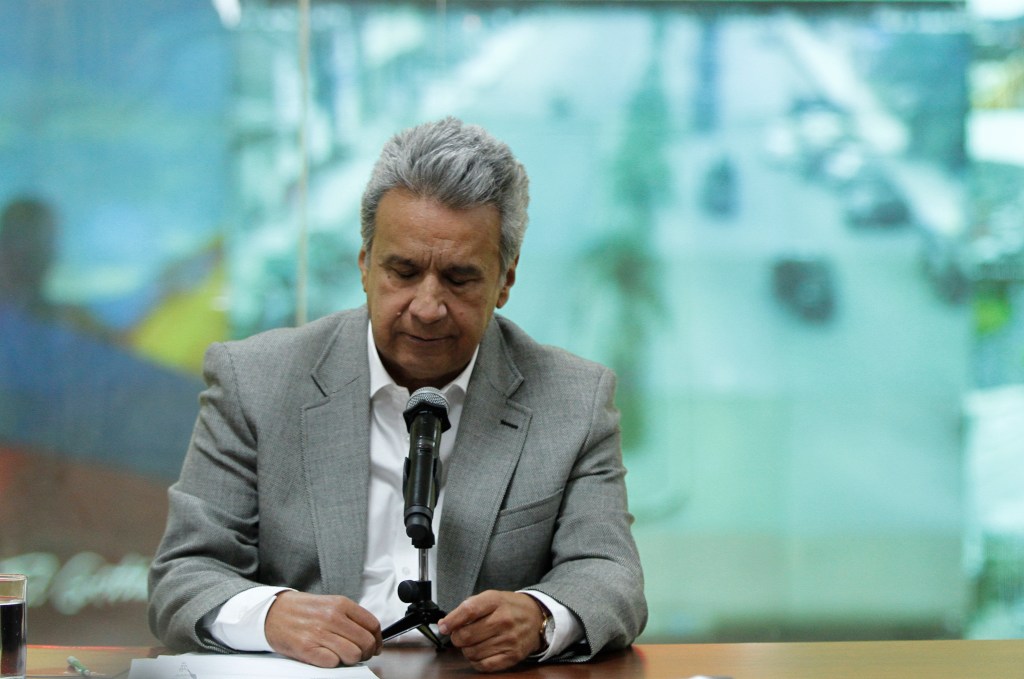 Ecuadorean President Lenin Moreno delivers a press conference at the ECU911 headquarters in Quito, to confirm the death of the journalist team kidnapped on March 26 by renegade Colombian rebels, on April 13, 2018. "Sadly, we have information confirming the murder of our fellow countrymen," Moreno told reporters in Quito, two hours after the expiry of a deadline he had given captors to prove the trio was still alive. (Franklin Jacome/ PressSouth/NurPhoto via Getty Images)
