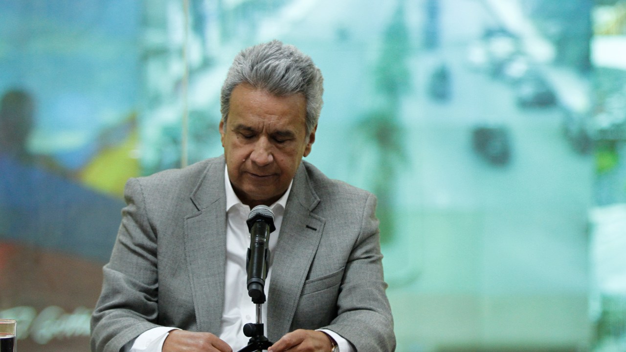 Ecuadorean President Lenin Moreno delivers a press conference at the ECU911 headquarters in Quito, to confirm the death of the journalist team kidnapped on March 26 by renegade Colombian rebels, on April 13, 2018. "Sadly, we have information confirming the murder of our fellow countrymen," Moreno told reporters in Quito, two hours after the expiry of a deadline he had given captors to prove the trio was still alive. (Franklin Jacome/ PressSouth/NurPhoto via Getty Images)