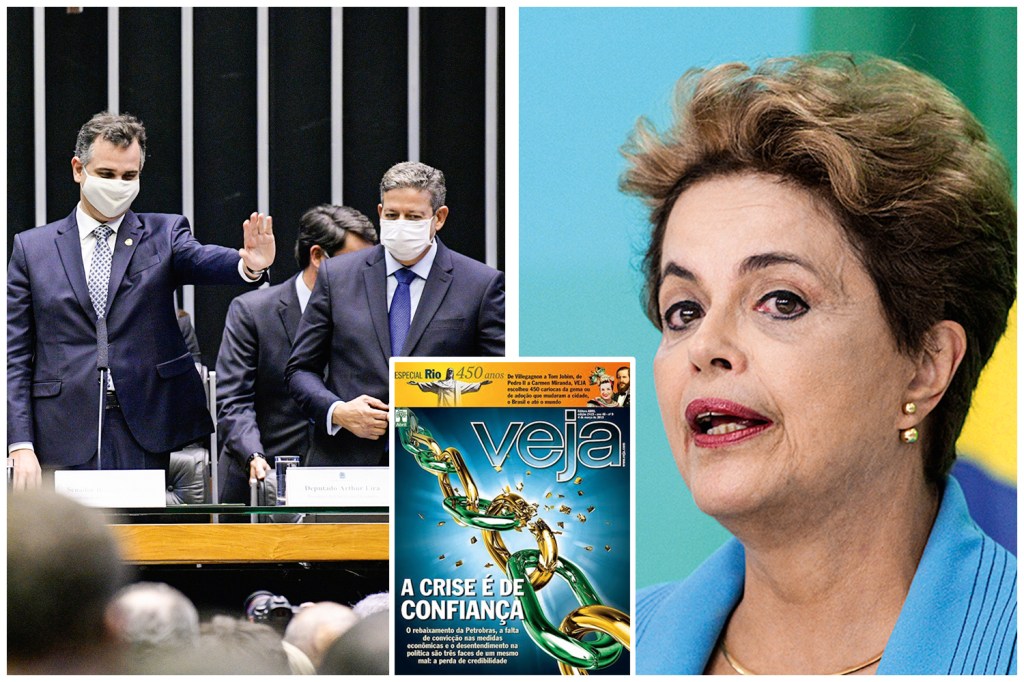 DEMAGOGIA - Os presidentes do Senado e da Câmara (à esq.), Dilma Rousseff e a capa de VEJA de 2015: sob a tentação do populismo -