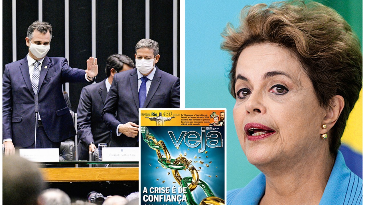 DEMAGOGIA - Os presidentes do Senado e da Câmara (à esq.), Dilma Rousseff e a capa de VEJA de 2015: sob a tentação do populismo -