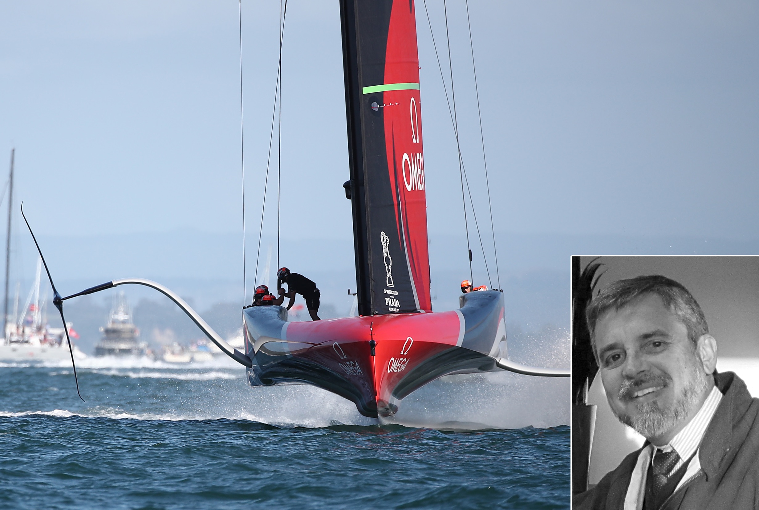 O AC75 com o qual o Emirates Team Nw Zealand conquistou a America's Cup e o engenheiro Manoel Chaves