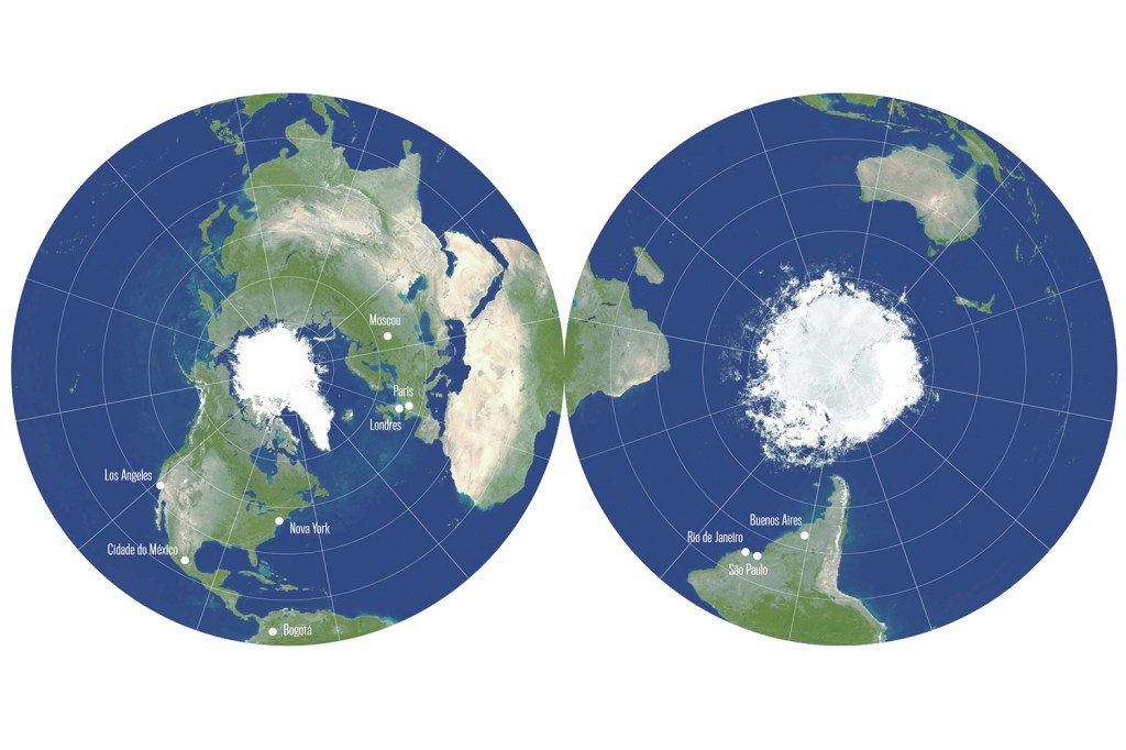 DISCO DUPLO - O planeta visto do alto de seus dois polos: mapa de pesquisadores americanos mostra a proporção e a distância corretas dos continentes e a dimensão da massa de água -