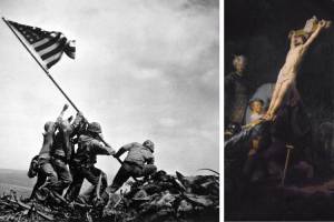 A bandeira americana fincada em Iwo Jima (1945) e O Erguimento da Cruz, de Rembrandt, tela a óleo de 1633: as similaridades parecem gritar