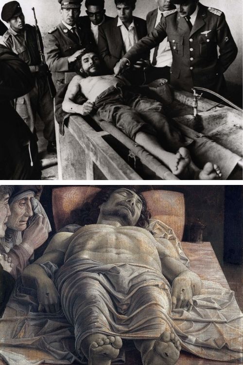 Che Guevara assassinado na Bolívia (1967) e Lamentação sobre o Cristo Morto, de Andrea Mantegna, pintado no final do século XV