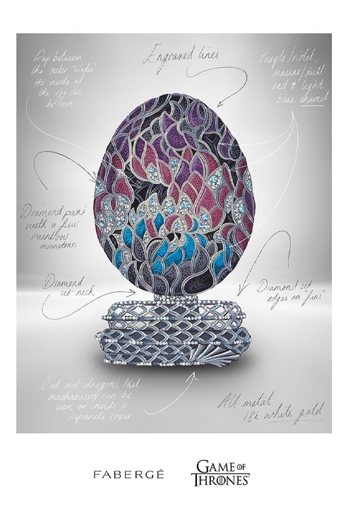 Desenho do exterior do ovo de dragão Fabergé inspirado em 'Game of Thrones', cravejado de diamantes e outras pedras preciosas