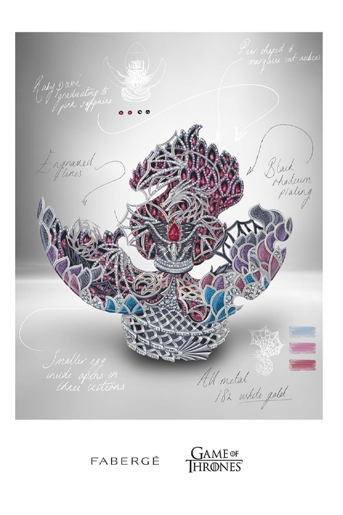 Desenho do interior do ovo de dragão Fabergé inspirado em 'Game of Thrones', com um dragão alado e uma versão de uma coroa em miniatura
