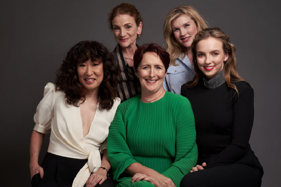 Sally Woodward Gentle, Emerald Fennell, Sandra Oh, Fiona Shaw, e Jodie Comer, de Killing Eve.