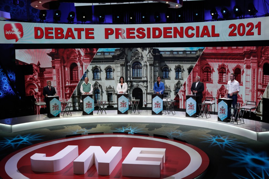 LIMA, PERU - MARCH 29: Peru's presidential candidates attend a presidential debate in Lima, Peru on March 29, 2021. (Photo by Angela Ponce/Anadolu Agency via Getty Images)