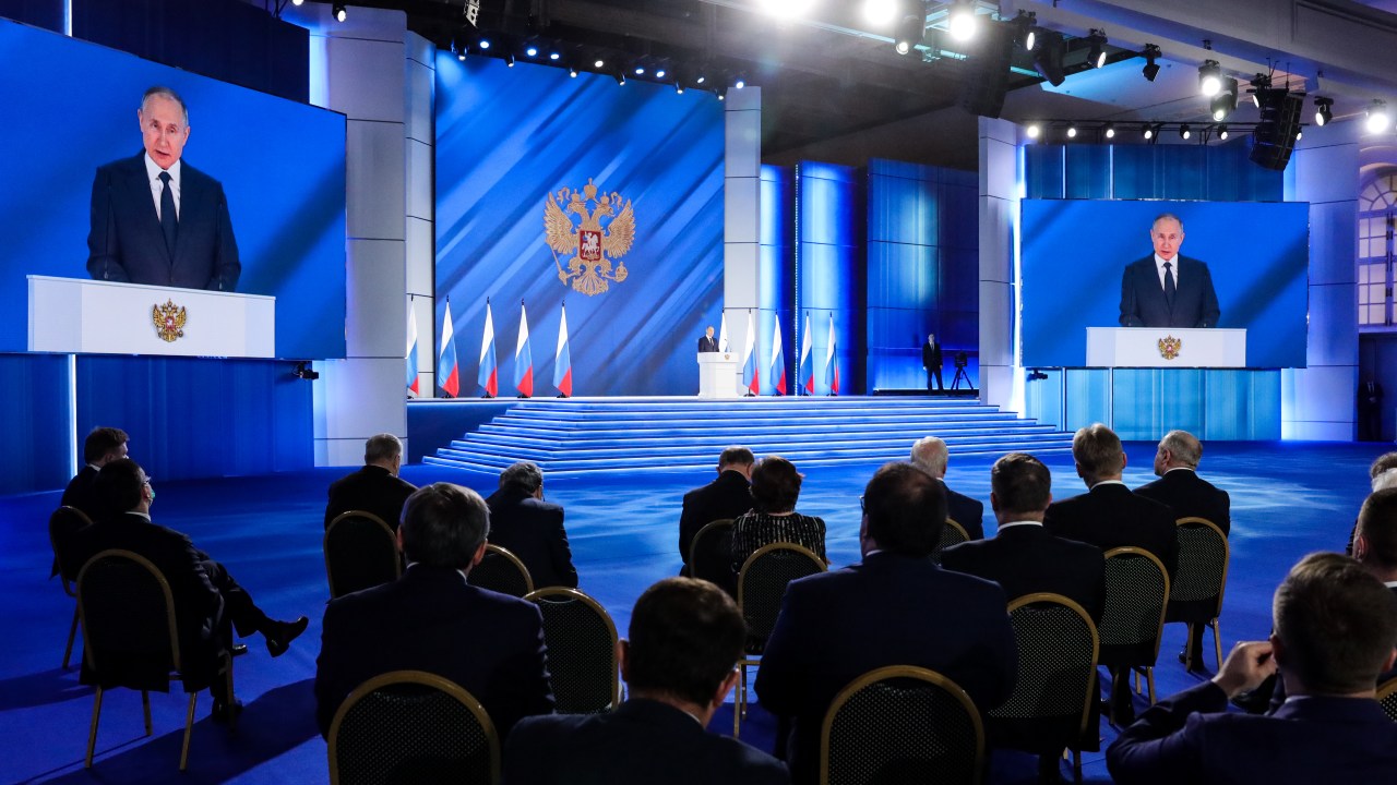 Presidente da Rússia, Vladimir Putin, durante discurso anual sobre o Estado da União, em Moscou. 21/04/2021