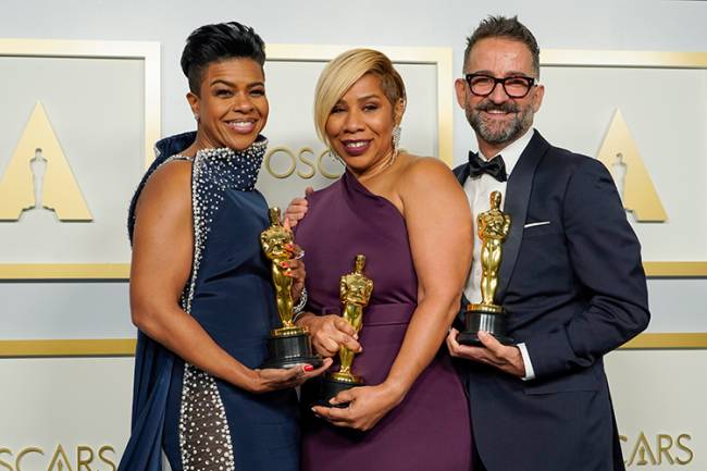 LOS ANGELES, CALIFORNIA – APRIL 25: (L-R) Mia Neal, Jamika Wilson, and Sergio Lopez-Rivera, winners of Makeup and Hairstyling for 