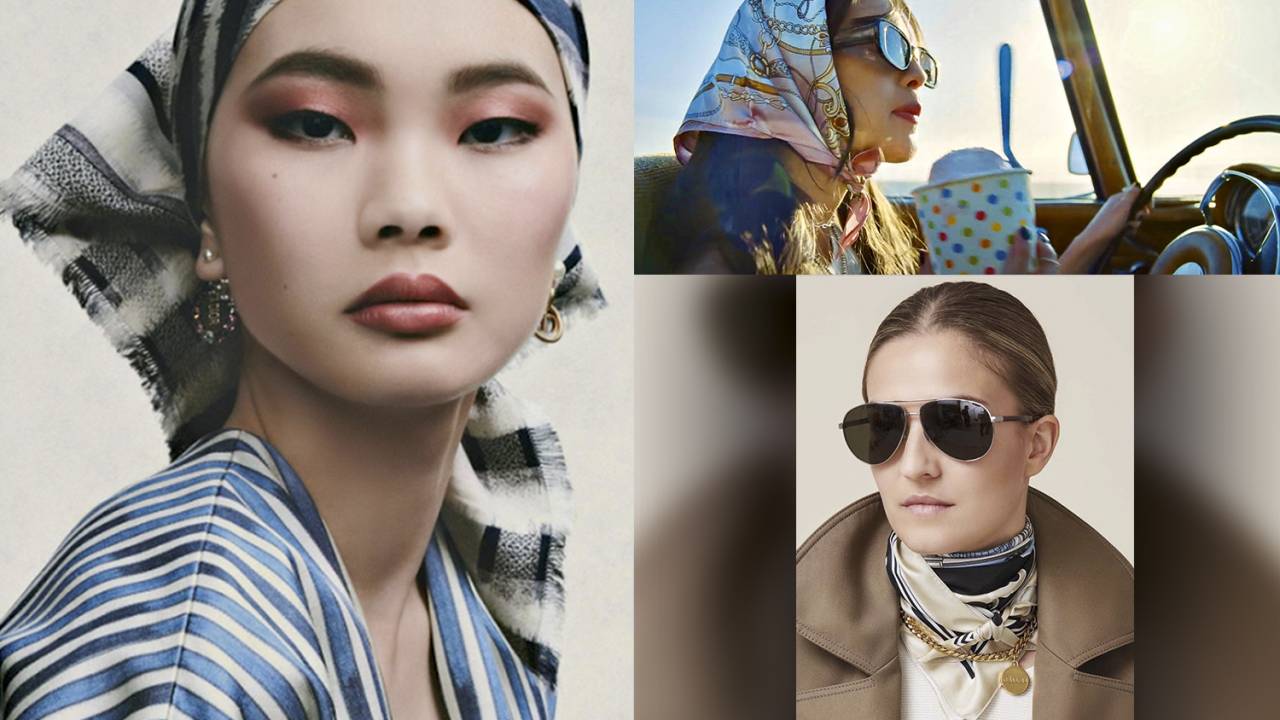 OLHAR NOSTÁLGICO - Glamour: o acessório da francesa Dior (à esq.), a cantora americana Olivia Rodrigo, de apenas 18 anos, no clipe Déjà Vu (acima, no carro), e a bandana da marca italiana Callas Milano, no pescoço -