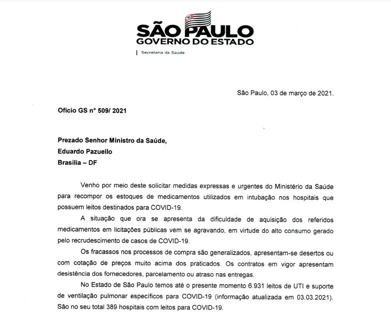 Primeiro ofício enviado pelo governo de São Paulo ao Ministério da Saúde alertando para a falta de medicamentos para intubação