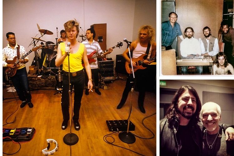 ÁLBUM DO ROCK - Frampton e os amigos: acima, no canto direito do palco, com Bowie; no alto à dir., ainda iniciante e sentado no chão, gravando com George Harrison e Ringo; e com Dave Grohl, seu fã -