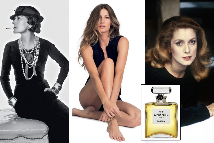 ÍCONES - Chanel (à esq), Deneuve (à dir.), Bündchen (meio) e o frasco icônico: mulheres fascinantes construíram a reputação da fragrância -