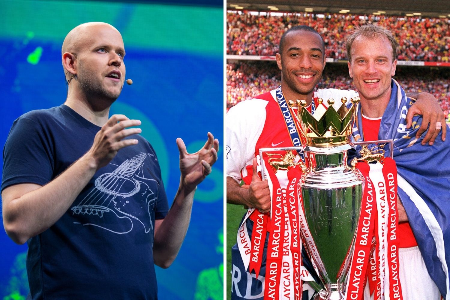Daniel Ek, CEO da Spotify, e Henry e Bergkamp, ex-jogadores do Arselnal -