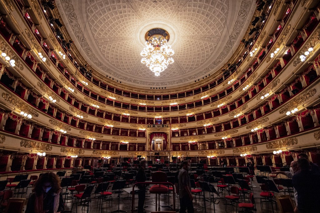 A general view shows the Scala Opera House on may 07, 2021 prior a rehearsal in Milan. - La Scala will reopen on May 10, 2021 to a limited audience of 500 people who will be able to attend three concerts in May. (Photo by MIGUEL MEDINA / AFP)