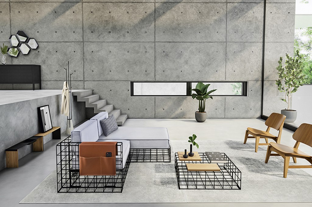 AMPLIDÃO - Sala de estar da rede Tok&Stok: estrutura de metal para os móveis, couro e cimento na parede -