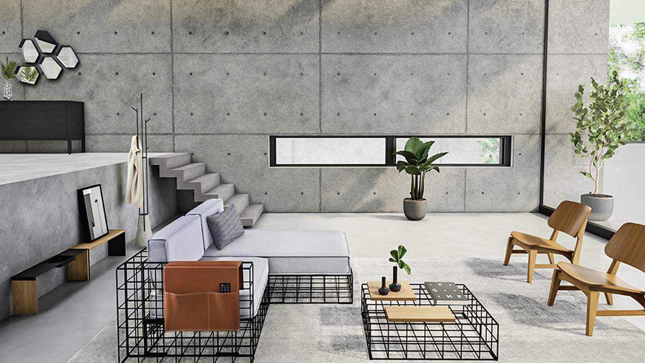 AMPLIDÃO - Sala de estar da rede Tok&Stok: estrutura de metal para os móveis, couro e cimento na parede -