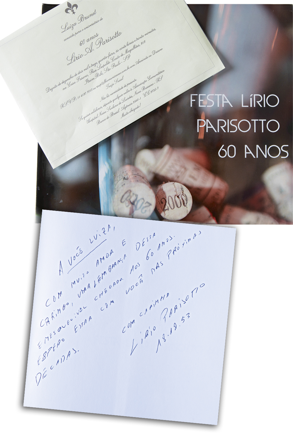 RETRATOS DA VIDA - Convite de Luiza Brunet para o aniversário de 60 anos de Lírio Parisotto (no alto) e o livro da festa com dedicatória do empresário a ela (acima e ao lado) -