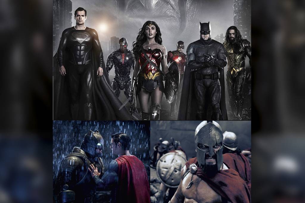ELES TÊM A FORÇA - No alto, Liga da Justiça de Zack Snyder; à esq., Batman vs Superman; e 300: filmes sombrios e de tons exagerados que atraem multidões -