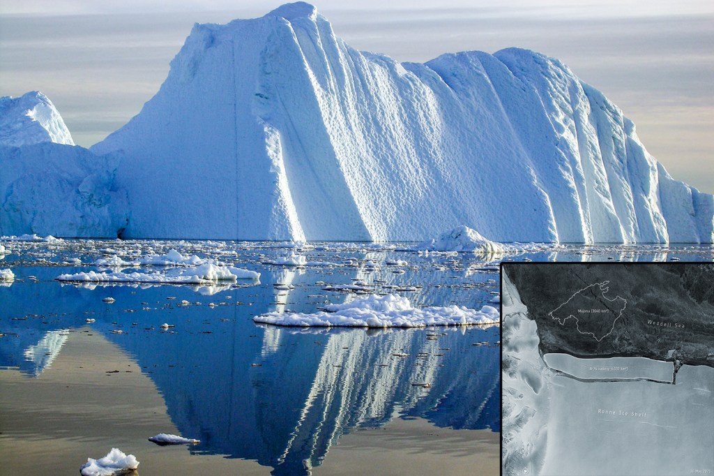 TERRA DE GIGANTES - Iceberg nos arredores do continente gelado (foto maior) e a imagem que mostra o desprendimento do A-76: fenômenos naturais sob escrutínio dos cientistas -