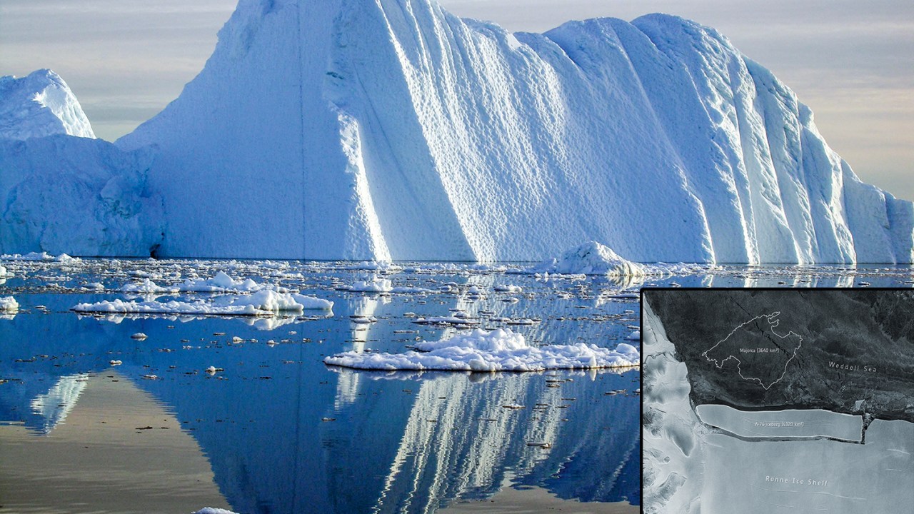 TERRA DE GIGANTES - Iceberg nos arredores do continente gelado (foto maior) e a imagem que mostra o desprendimento do A-76: fenômenos naturais sob escrutínio dos cientistas -