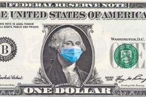 US quarantine, 1 dollar banknote with medical mask. The concept of epidemic and protection against coronavrius.