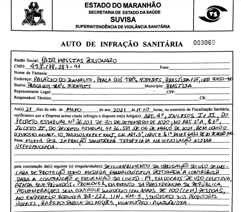 Multa aplicada a Bolsonaro por infração sanitária em visita ao Maranhão