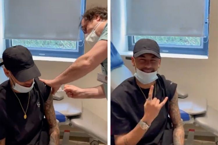 Neymar recebendo a aplicação da vacina contra a Covid-19 -