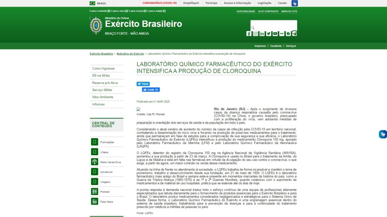 Versão da página do Exército armazenada pelo Google (em "cache") na terça-feira da semana passada