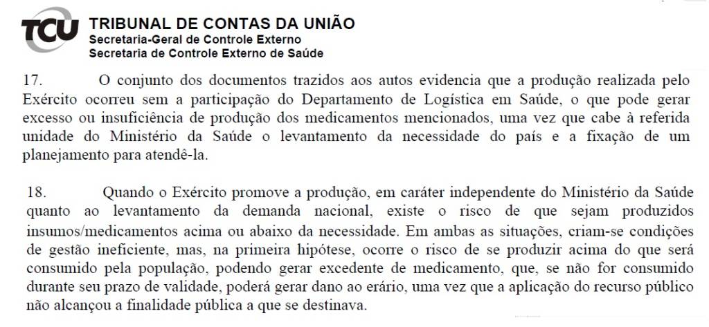 Documento do TCU mostra que Exército Brasileiro agiu sem conhecimento do Ministério da Saúde na fabricação de Cloroquina