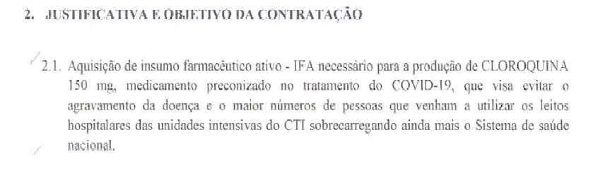 Documento do Exército Brasileiro que justifica a dispensa de licitação para compra de difosfato de cloroquina