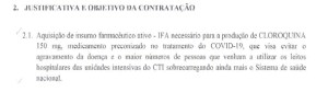 Documento do Exército Brasileiro que justifica a dispensa de licitação para compra de difosfato de cloroquina