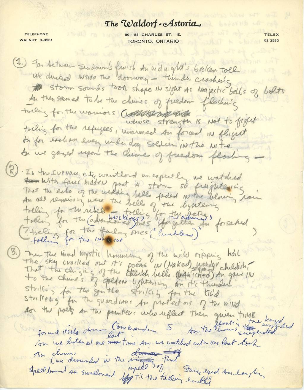 Manuscrito de Bob Dylan que estará em exposição em novo museu dedicado ao músico