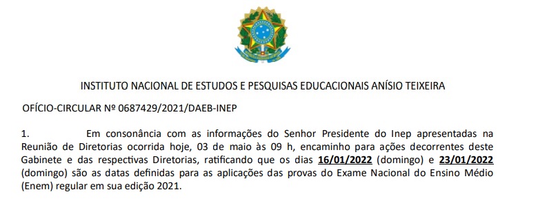 Documentto interno do Inep define dias 16 e 23 de janeiro de 2022 como datas da realização do Enem