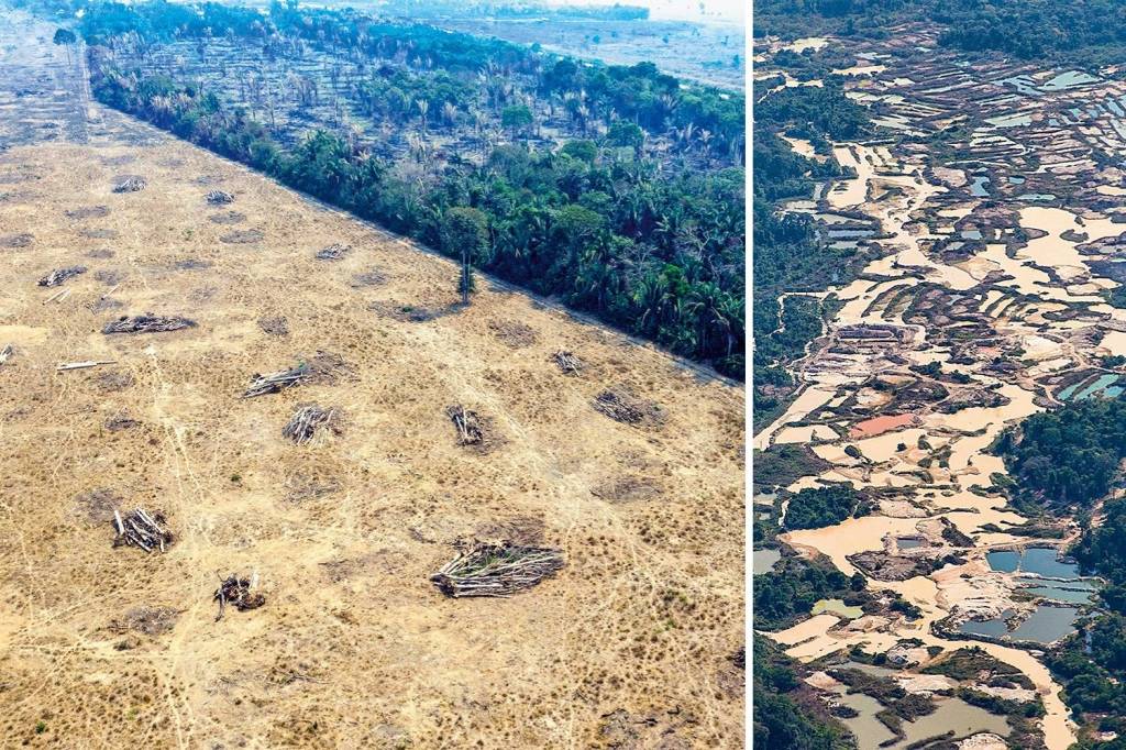 Desmatamento- DESTRUIÇÃO - Área desmatada (ao lado) e visão aérea de garimpo ilegal no coração da Amazônia: o afrouxamento da fiscalização multiplicou os danos -